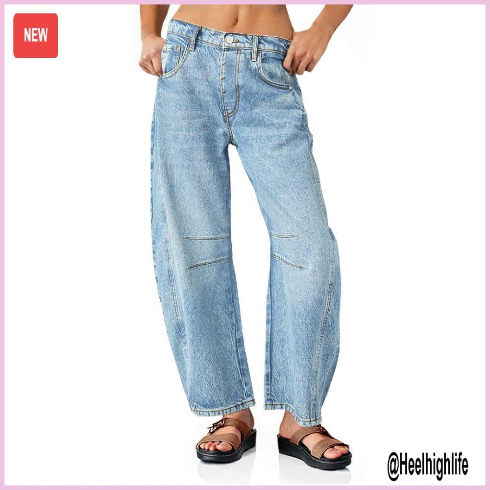 Women's Baggy Boyfriend Jeans Vintage Wide Leg Mid Rise Barrel Denim Ankle Pants - Picture 1 of 8